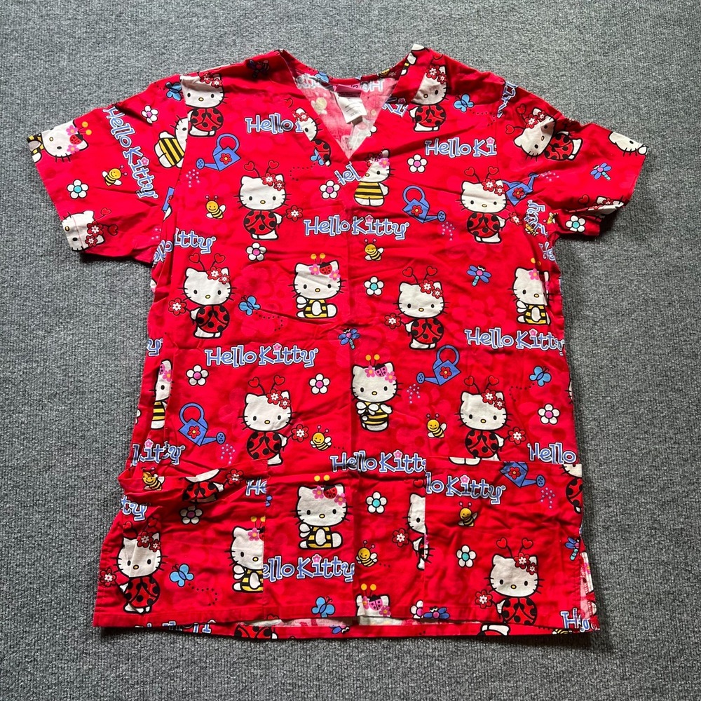 Sanrio Hello Kitty Scrub Top Womens Large Red Ladybug V-Neck Medical 6700C